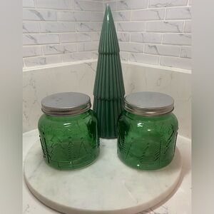Green Glass Jar Set with Silver Lids